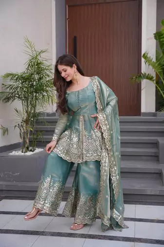Women's Gorgeous Embroidery Fendy Silk Fabric Flared Kurta Palazzo and Dupatta Set
