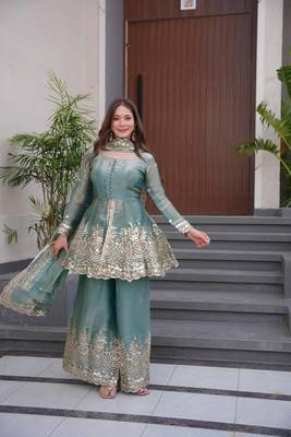 Women's Gorgeous Embroidery Fendy Silk Fabric Flared Kurta Palazzo and Dupatta Set 4