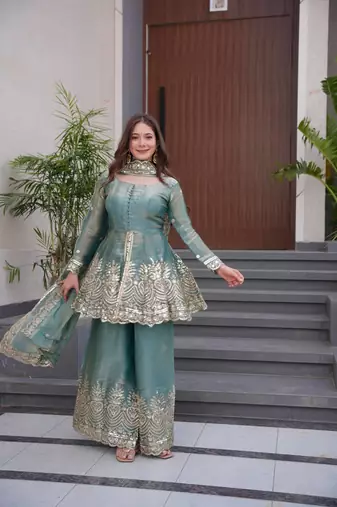 Women's Gorgeous Embroidery Fendy Silk Fabric Flared Kurta Palazzo and Dupatta Set