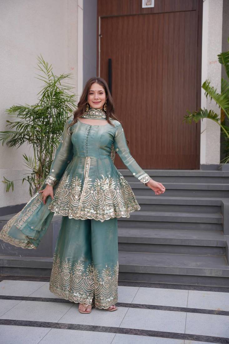 Women's Gorgeous Embroidery Fendy Silk Fabric Flared Kurta Palazzo and Dupatta Set