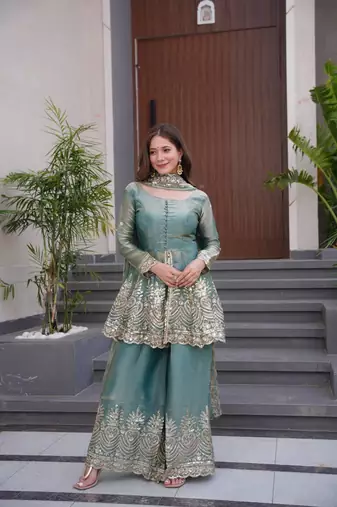 Women's Gorgeous Embroidery Fendy Silk Fabric Flared Kurta Palazzo and Dupatta Set