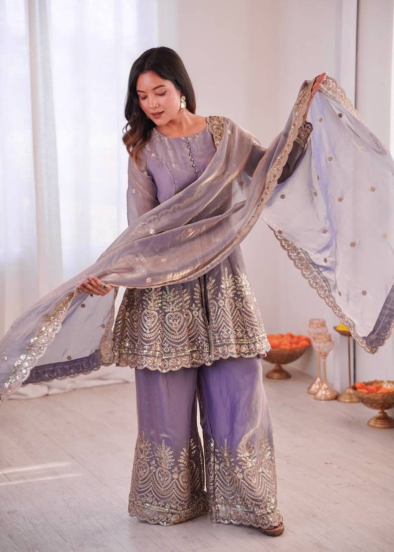 Women's Gorgeous Embroidery Fendy Silk Fabric Flared Kurta Palazzo and Dupatta Set