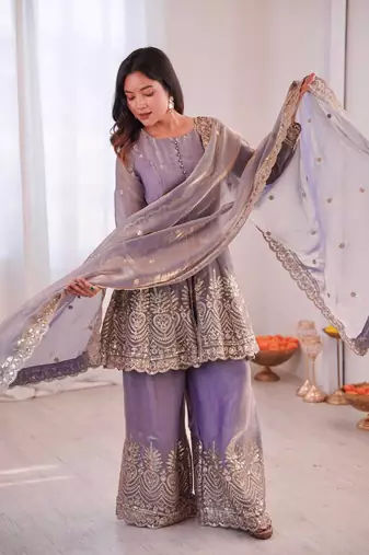 Women's Gorgeous Embroidery Fendy Silk Fabric Flared Kurta Palazzo and Dupatta Set