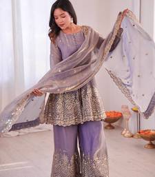 Women's Gorgeous Embroidery Fendy Silk Fabric Flared Kurta Palazzo and Dupatta Set