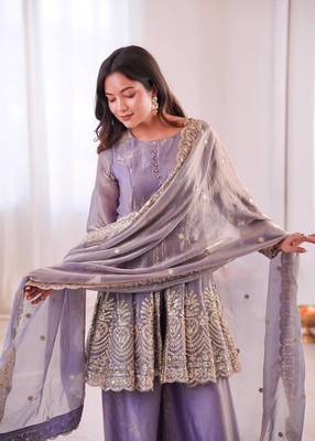 Women's Gorgeous Embroidery Fendy Silk Fabric Flared Kurta Palazzo and Dupatta Set 2