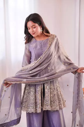 Women's Gorgeous Embroidery Fendy Silk Fabric Flared Kurta Palazzo and Dupatta Set
