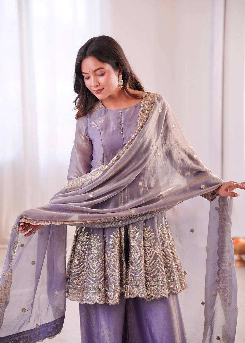 Women's Gorgeous Embroidery Fendy Silk Fabric Flared Kurta Palazzo and Dupatta Set