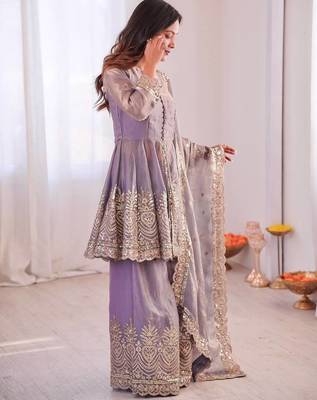 Women's Gorgeous Embroidery Fendy Silk Fabric Flared Kurta Palazzo and Dupatta Set 3