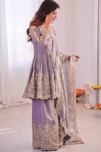 Women's Gorgeous Embroidery Fendy Silk Fabric Flared Kurta Palazzo and Dupatta Set