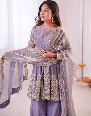 Women's Gorgeous Embroidery Fendy Silk Fabric Flared Kurta Palazzo and Dupatta Set 4