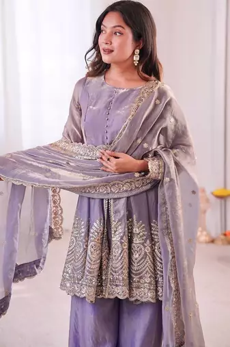 Women's Gorgeous Embroidery Fendy Silk Fabric Flared Kurta Palazzo and Dupatta Set