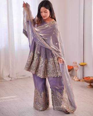 Women's Gorgeous Embroidery Fendy Silk Fabric Flared Kurta Palazzo and Dupatta Set 5