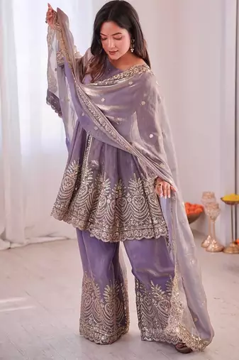 Women's Gorgeous Embroidery Fendy Silk Fabric Flared Kurta Palazzo and Dupatta Set