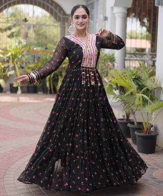 Black faux georgette leheriya print with kutchi patch work navratri gown 1