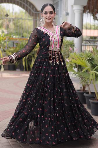 Black faux georgette leheriya print with kutchi patch work navratri gown