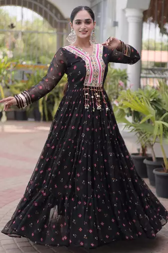 Black faux georgette leheriya print with kutchi patch work navratri gown