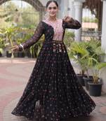 Black faux georgette leheriya print with kutchi patch work navratri gown