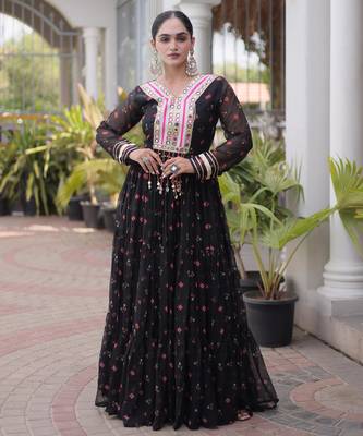 Black faux georgette leheriya print with kutchi patch work navratri gown 2