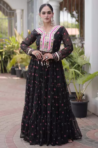 Black faux georgette leheriya print with kutchi patch work navratri gown