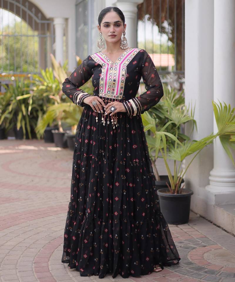 Black faux georgette leheriya print with kutchi patch work navratri gown