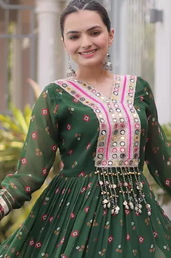 Green faux georgette leheriya print with kutchi patch work navratri gown