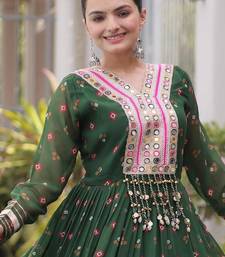 Green faux georgette leheriya print with kutchi patch work navratri gown