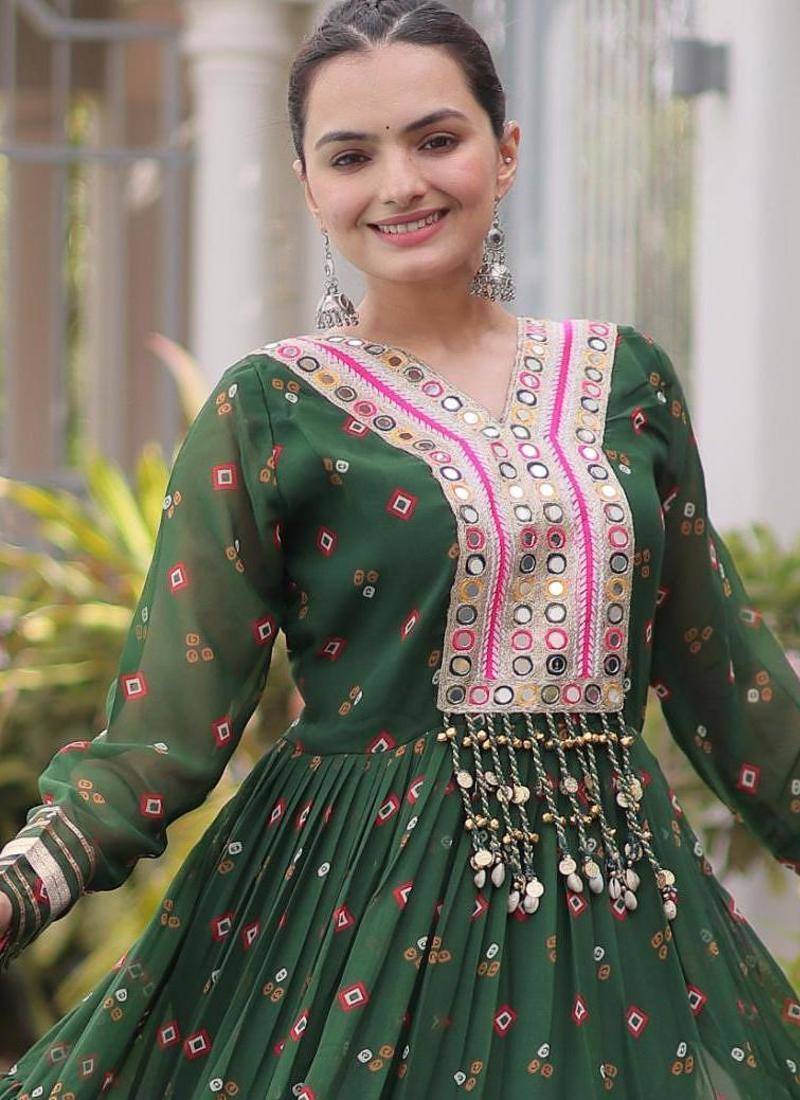 Green faux georgette leheriya print with kutchi patch work navratri gown