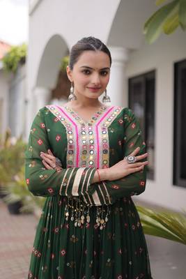 Green faux georgette leheriya print with kutchi patch work navratri gown 3