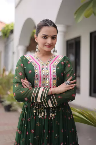 Green faux georgette leheriya print with kutchi patch work navratri gown