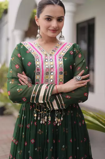 Green faux georgette leheriya print with kutchi patch work navratri gown