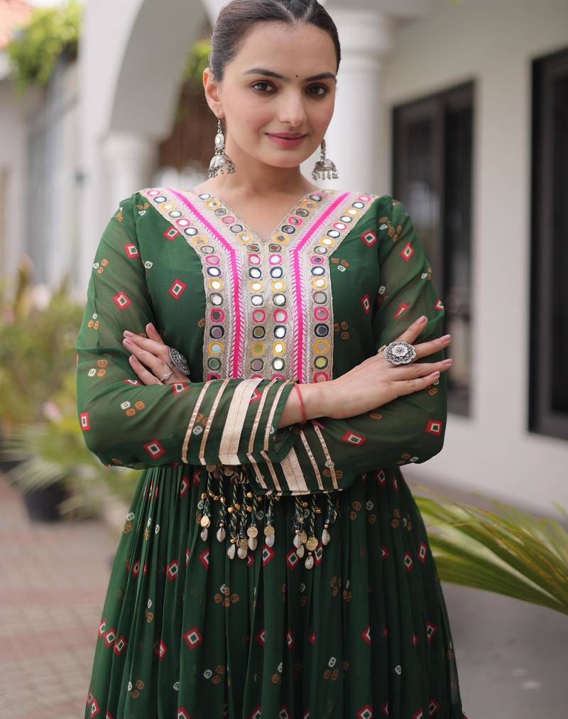 Green faux georgette leheriya print with kutchi patch work navratri gown