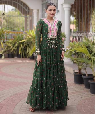 Green faux georgette leheriya print with kutchi patch work navratri gown 1