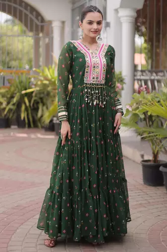 Green faux georgette leheriya print with kutchi patch work navratri gown