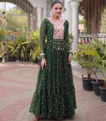 Green faux georgette leheriya print with kutchi patch work navratri gown