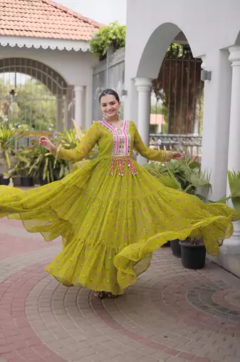 Parrot faux georgette leheriya print with kutchi patch work navratri gown