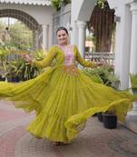 Parrot faux georgette leheriya print with kutchi patch work navratri gown