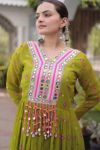 Parrot faux georgette leheriya print with kutchi patch work navratri gown