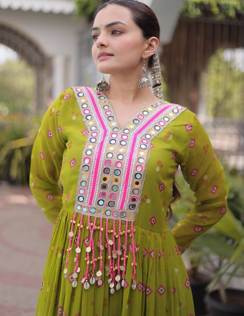 Parrot faux georgette leheriya print with kutchi patch work navratri gown