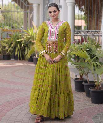 Parrot faux georgette leheriya print with kutchi patch work navratri gown 4