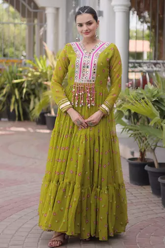 Parrot faux georgette leheriya print with kutchi patch work navratri gown