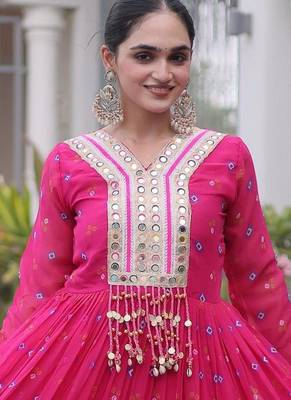 Pink faux georgette leheriya print with kutchi patch work navratri gown 2