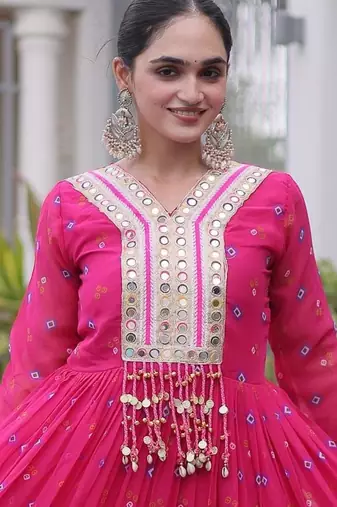 Pink faux georgette leheriya print with kutchi patch work navratri gown