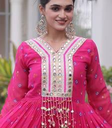 Pink faux georgette leheriya print with kutchi patch work navratri gown