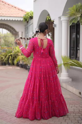 Pink faux georgette leheriya print with kutchi patch work navratri gown