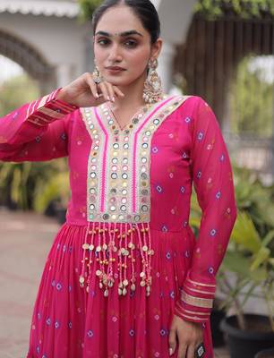 Pink faux georgette leheriya print with kutchi patch work navratri gown 4