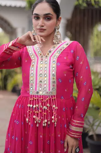 Pink faux georgette leheriya print with kutchi patch work navratri gown