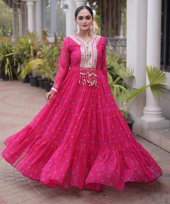 Pink faux georgette leheriya print with kutchi patch work navratri gown 1