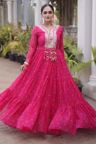 Pink faux georgette leheriya print with kutchi patch work navratri gown