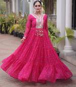 Pink faux georgette leheriya print with kutchi patch work navratri gown