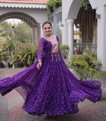 Purple faux georgette leheriya print with kutchi patch work navratri gown